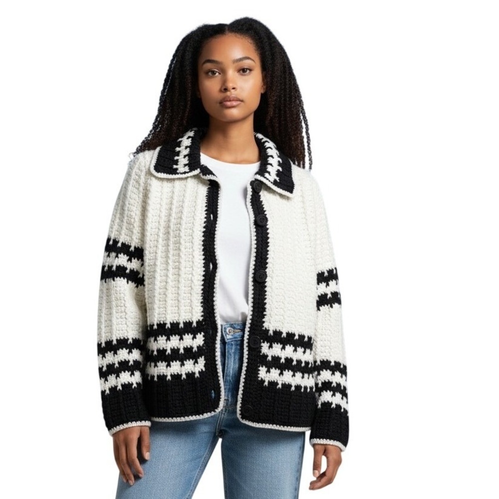 Handmade Crochet Button Up Cardigan Black White Houndstooth Collar Women